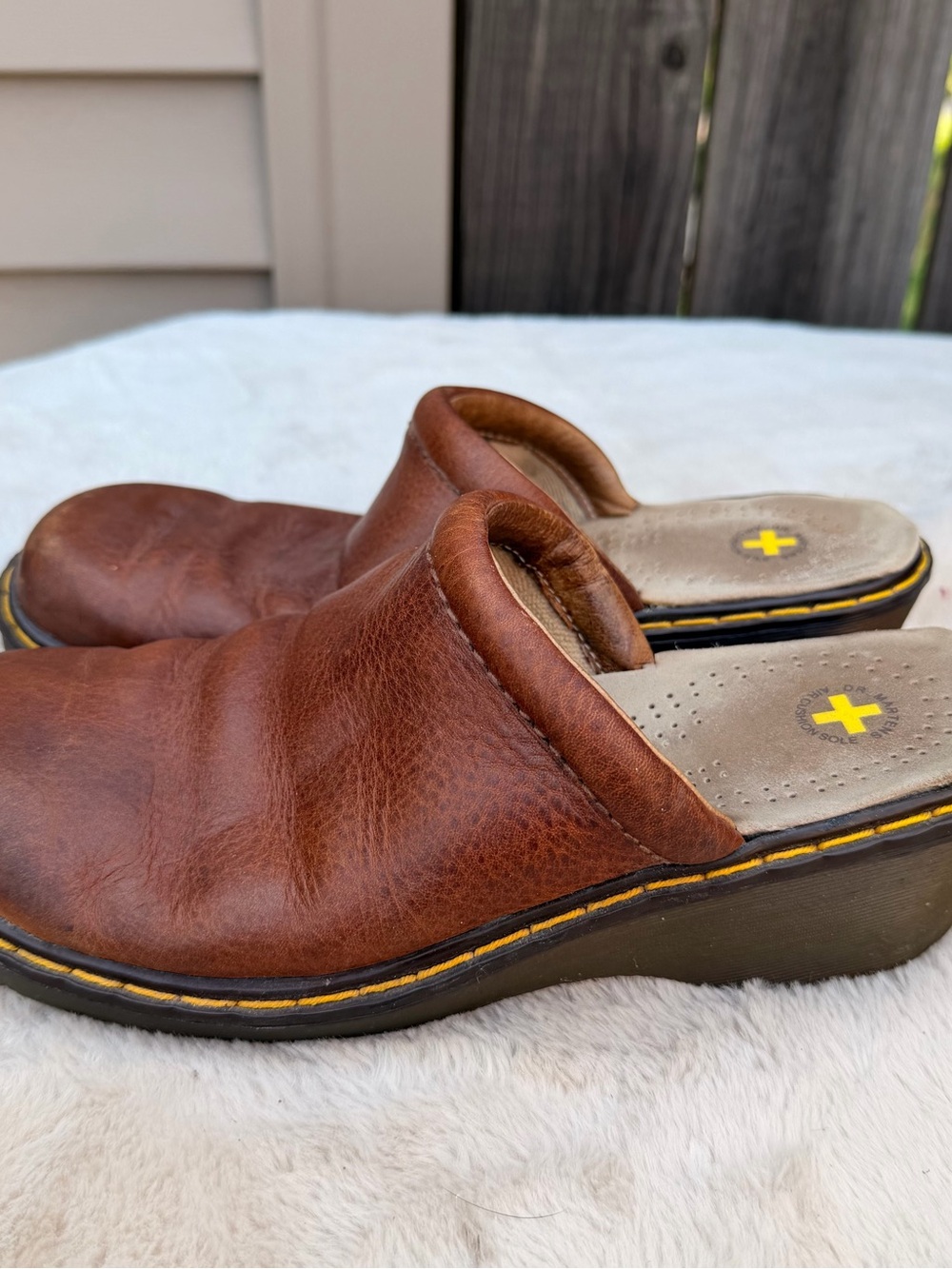 Dr. Martens Brown Leather Mule Clogs with Yellow Stitching Accents Size 8